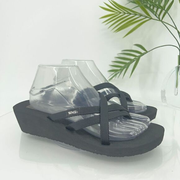 Teva Women's Mush Mandalyn Sandal Size 10 Wedge Thong Slide Black Flip Flop - Picture 1 of 14